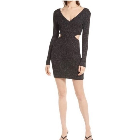 NWOT Open Edit | Ribbed Cut Out Black Silver Long Sleeve Mini Dress - Picture 1 of 8
